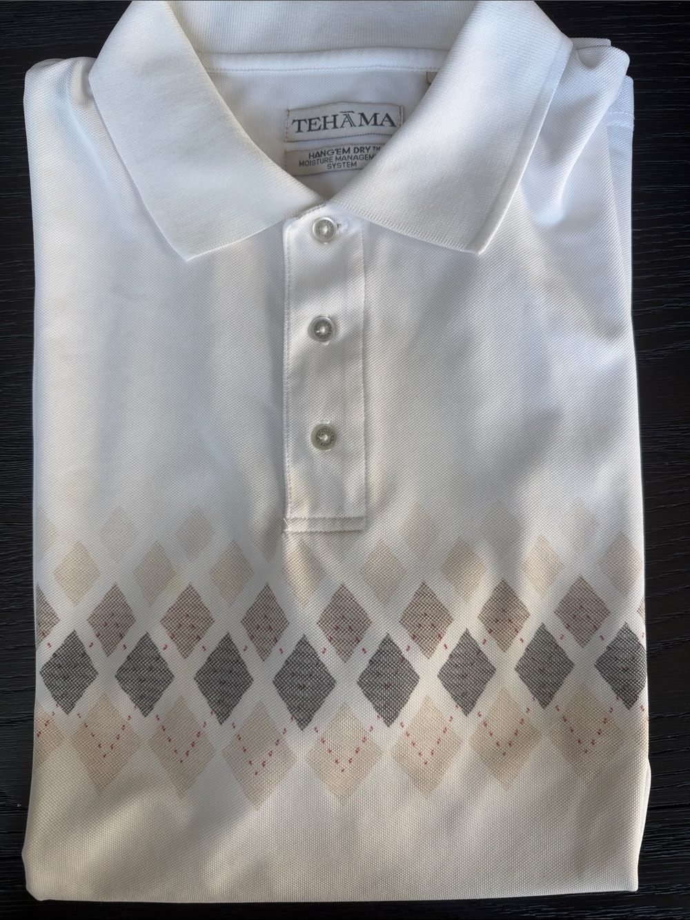 The Manor Golf Course White Polo with Neutral Argyle Diamond Band